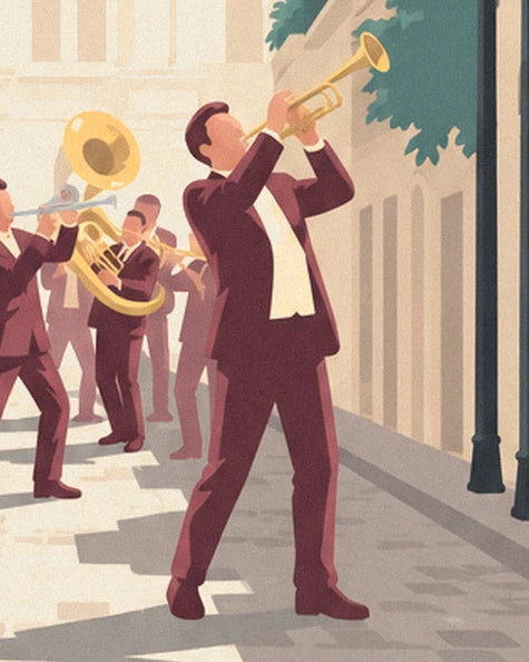 The trumpeter in a burgundy suit, with the gold bell raised in the sunlit street