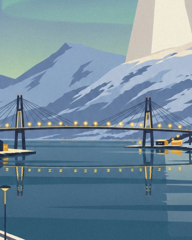 Le pont illuminé sur le fjord bleu, entre montagnes enneigées et maisons du rivage