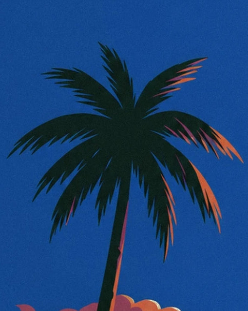 Un palmier sombre aux palmes bordées de corail sur un ciel bleu profond