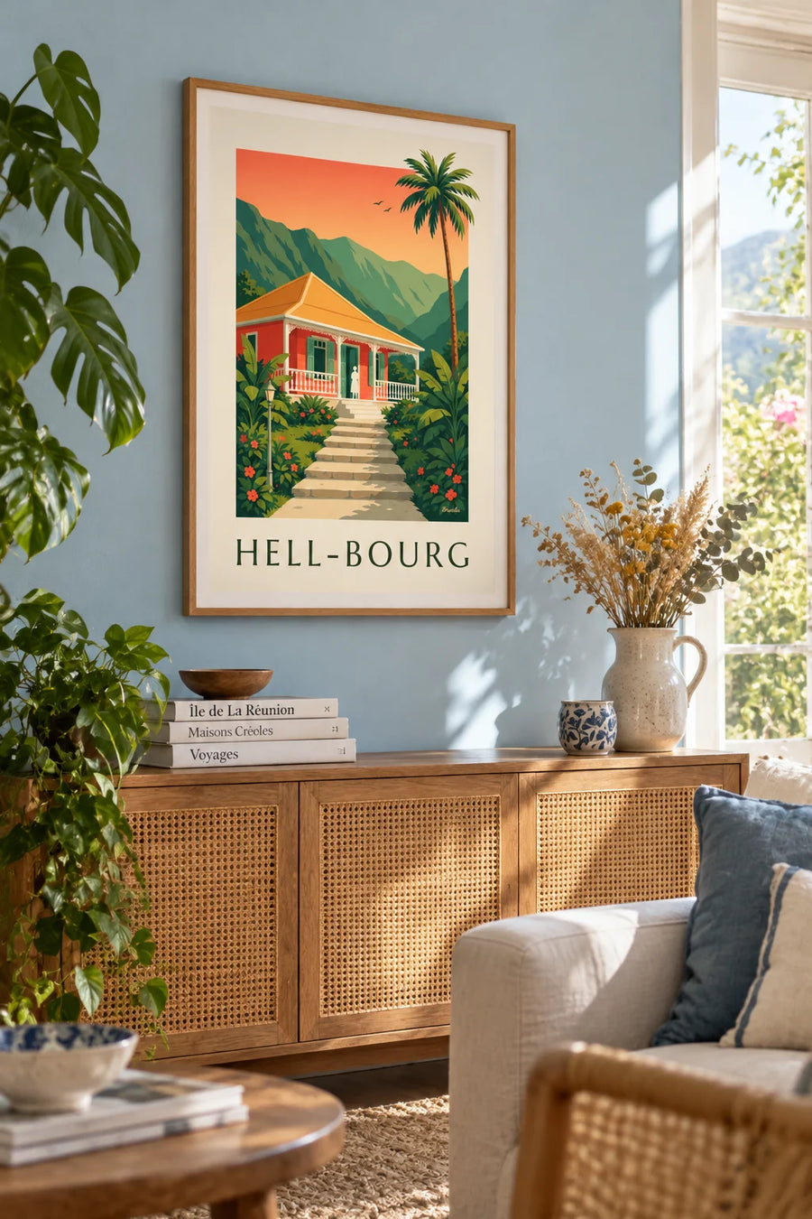 Creole house with gingerbread trim in Hell-Bourg, Réunion Island poster: framed on the wall