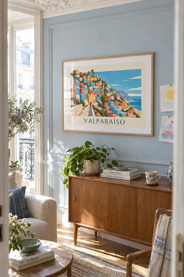 Affiche Valparaíso maisons colorées et funiculaire : encadrée au mur