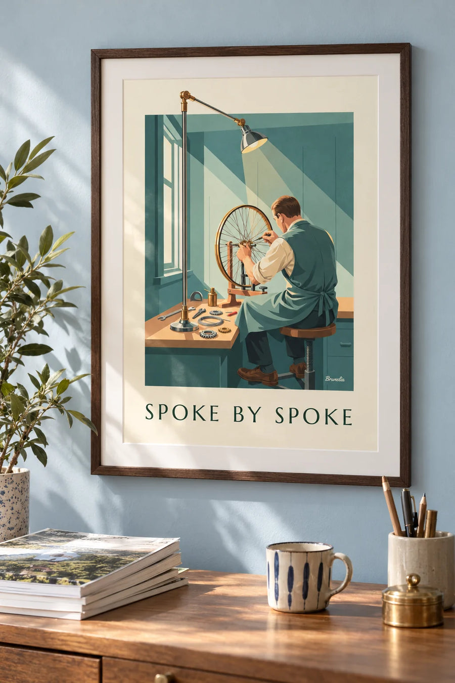 Craftsman building a bicycle wheel in his workshop poster: framed on the wall