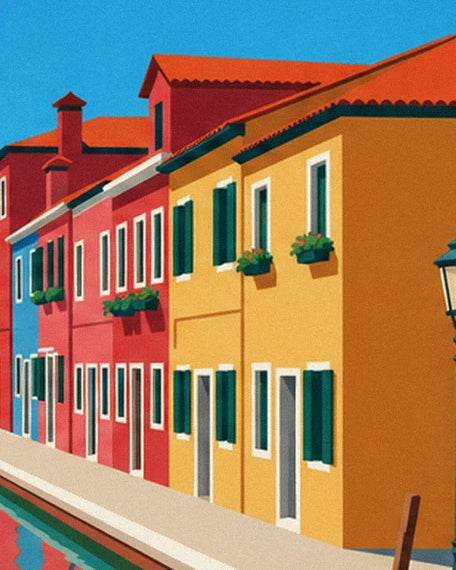 The yellow and pink houses of Burano with green shutters and flower-filled windows