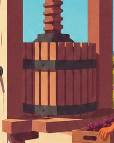 The wooden slatted basket of the wine press, its black hoops and the grapes beside it