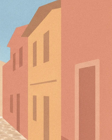 Les façades ocre et roses aux fenêtres étroites le long de la ruelle pavée