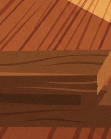 The thick brown crossbars of the workbench above the orange wooden floor