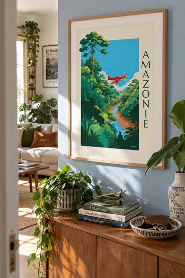 Affiche avion à hélices survolant la forêt amazonienne : encadrée au mur