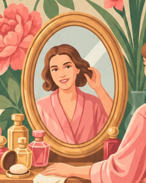 The reflection of a woman in a pink dressing gown in a gold mirror among the bottles