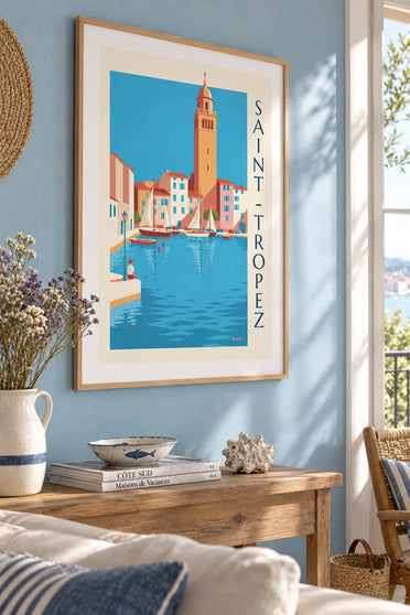 Poster of sailboats moored in the Old Port of Saint-Tropez: framed on the wall