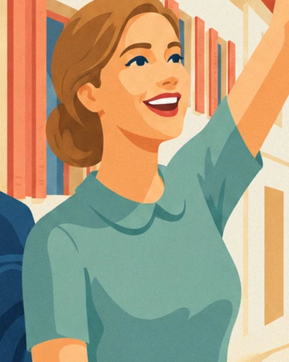 A smiling woman in a green dress with one arm raised in front of the colourful façades