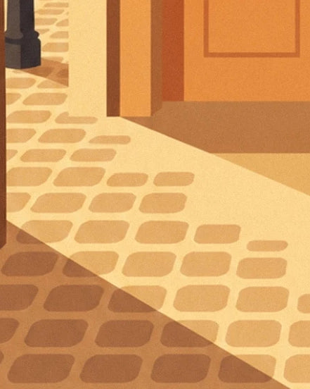 The ochre paving stones in front of the door, crossed by a broad strip of light