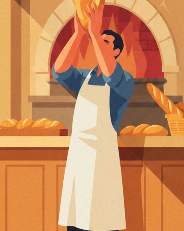 The baker in a white apron, with his arms raised in front of the oven and golden loaves