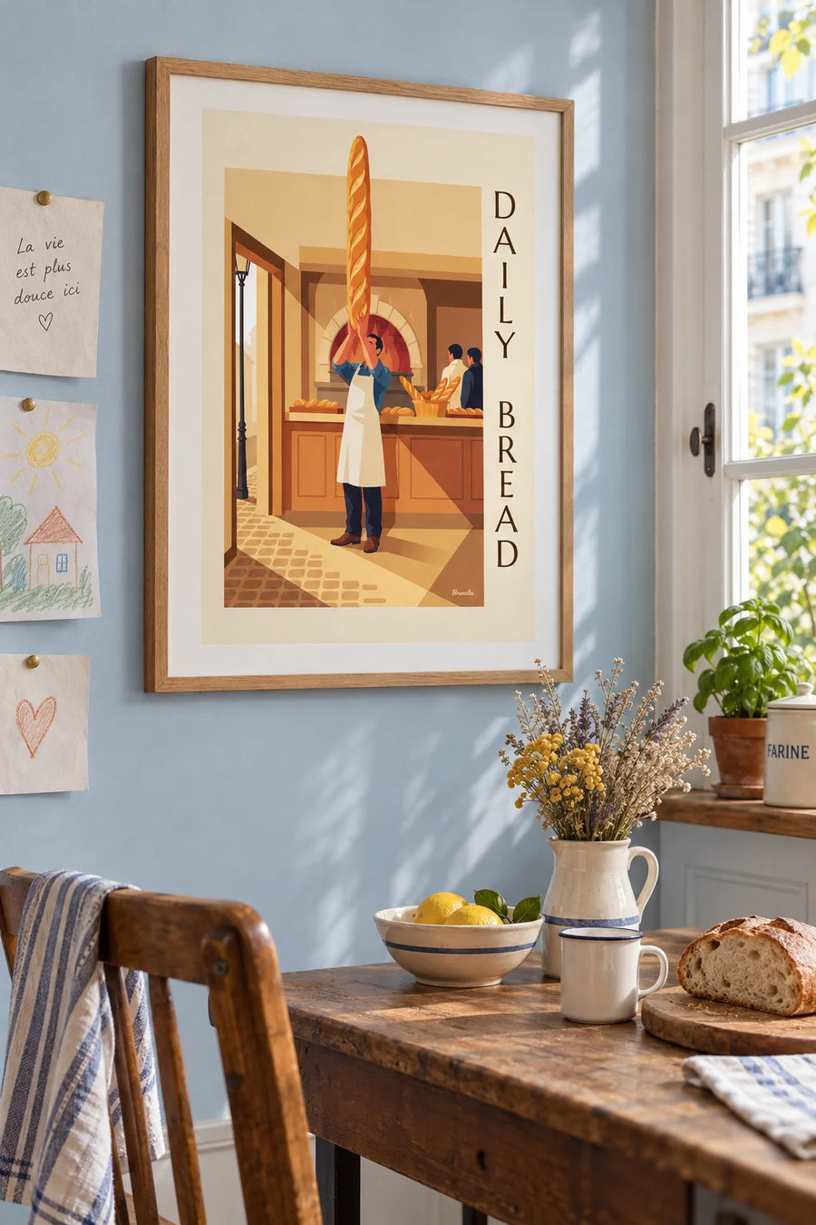Poster of a baker and his golden loaves in front of the oven: framed on the wall
