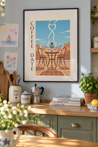 Poster of 2 coffee cups for a romantic date: framed on the wall