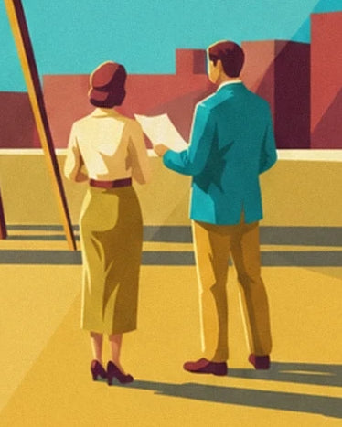 Les 2 personnages de dos, dont un en veste turquoise tenant une feuille sur le plateau