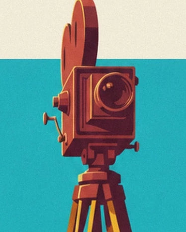 La caméra de cinéma brune et son objectif rond sur un trépied en bois