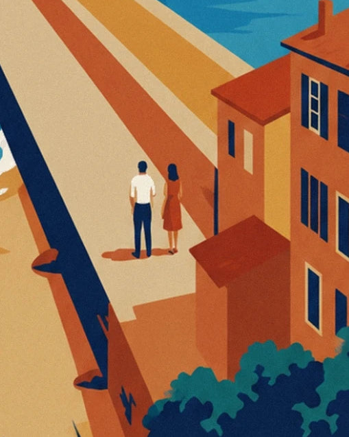A couple seen from behind on the sunlit jetty, in front of an orange house with navy-blue shutters