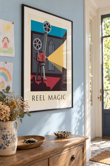 Reel-to-reel movie projector in a projection booth poster: framed on the wall