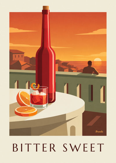 Juliste Negroni-cocktailista ja appelsiininkuoresta terassilla: koko juliste
