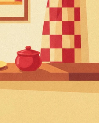 Le pot en céramique rouge posé sur le plan de travail en bois, devant le rideau à carreaux