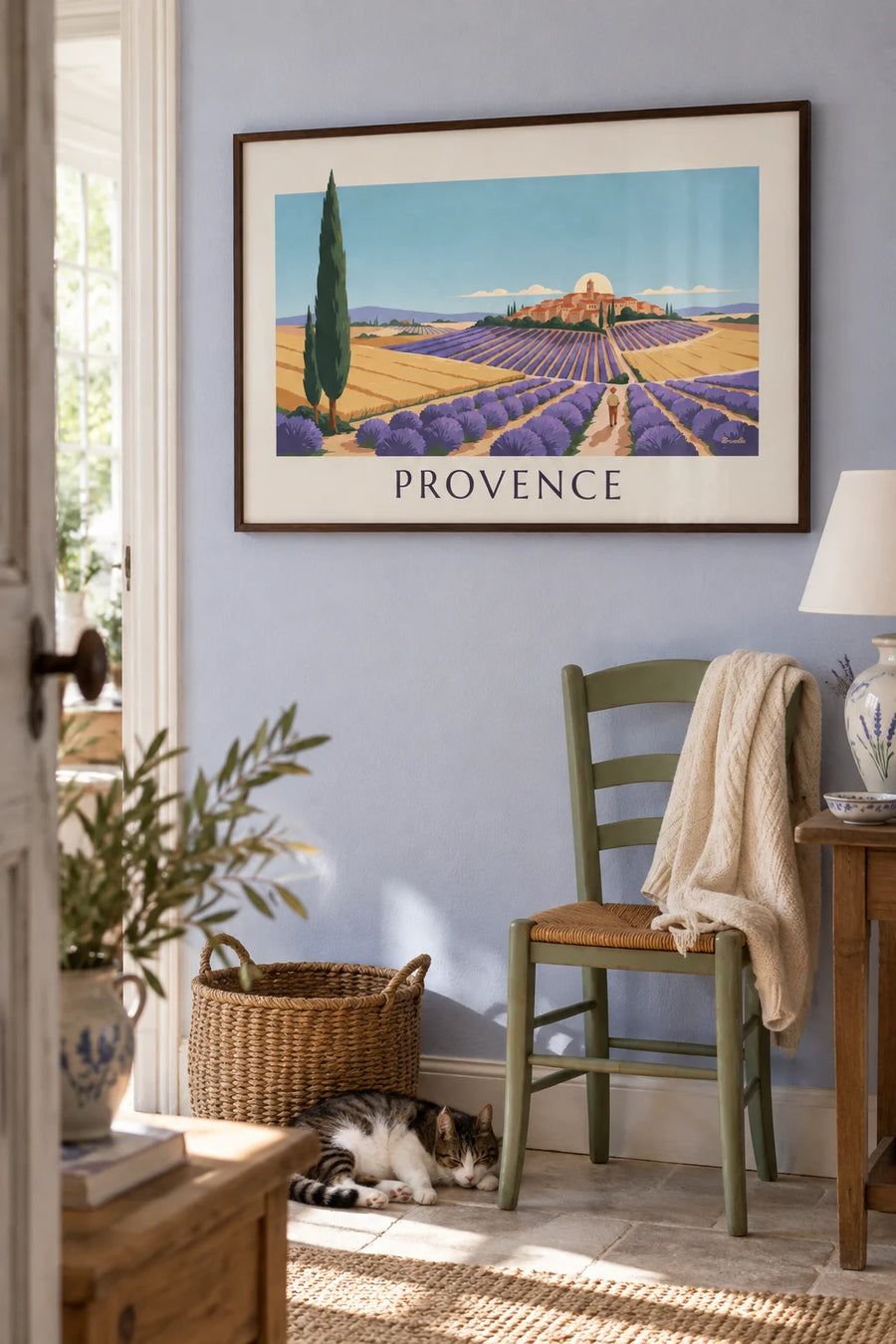 Poster of a Provençal landscape in geometric shapes: framed on the wall