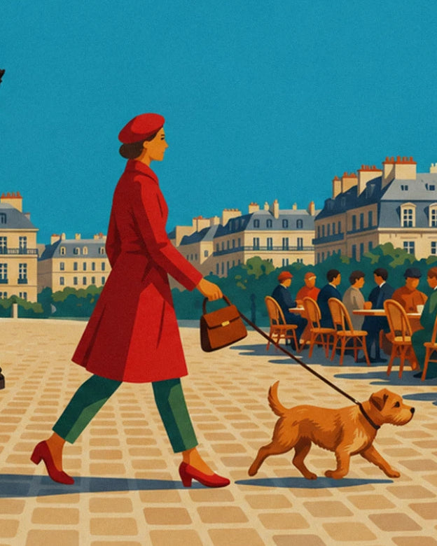 The woman in a beret and red coat, her brown bag and her ginger dog on a lead on the cobbles