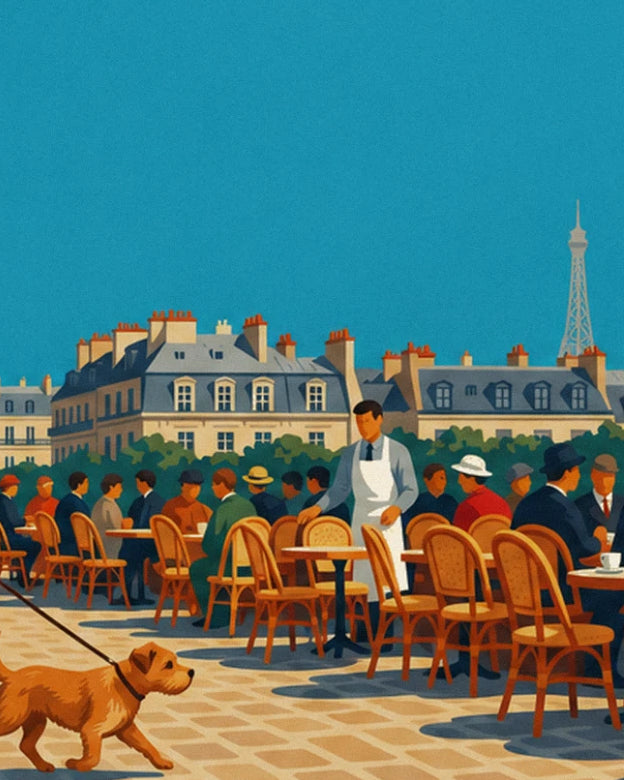 The ginger dog trotting past the café terrace with its rattan chairs and the tour Eiffel in the distance