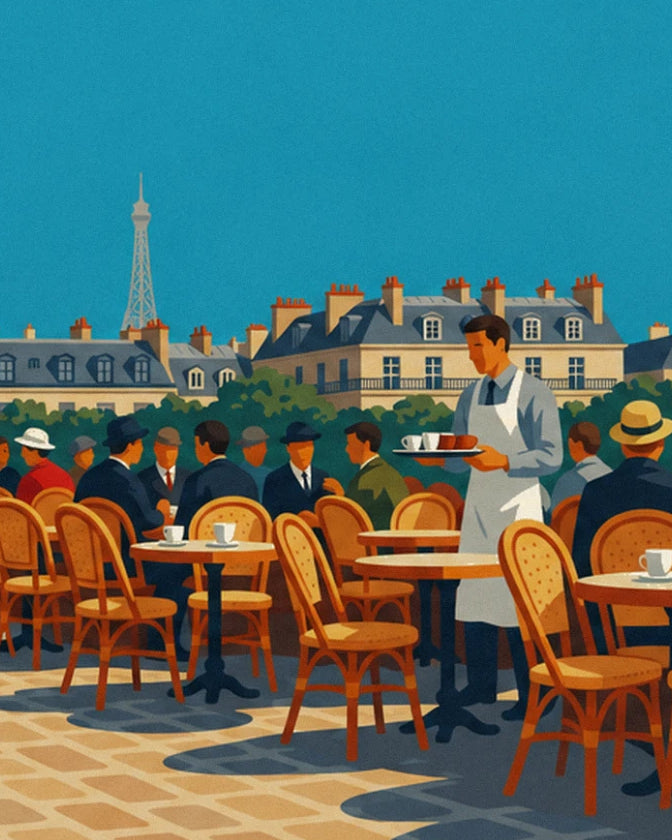 The waiter in a white apron with a tray of 3 cups among the café terrace's rattan chairs