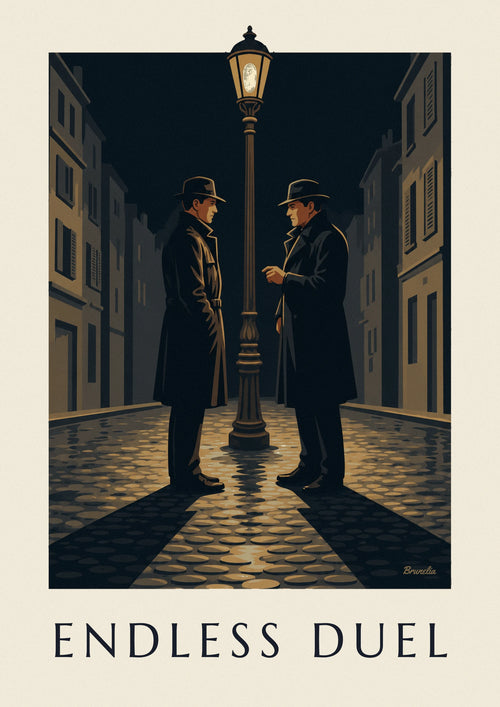 Juliste film noir -kaksintaistelusta katulampun alla sateisena yönä: koko juliste