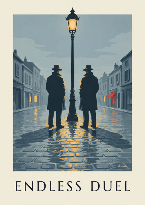 Affiche duel de film noir sous un réverbère, nuit de pluie : l'affiche entière