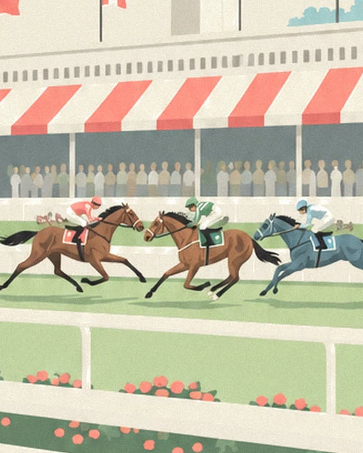 The 3 horses galloping past the grandstand with its red and white awnings