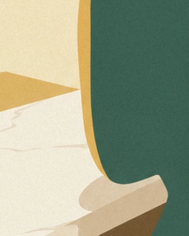 Une forme vert profond bordée d’ocre devant un comptoir crème aux veines beiges