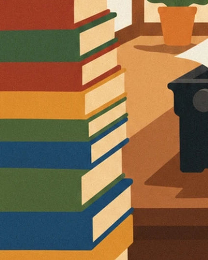 Books with colourful covers on the desk, beside the typewriter