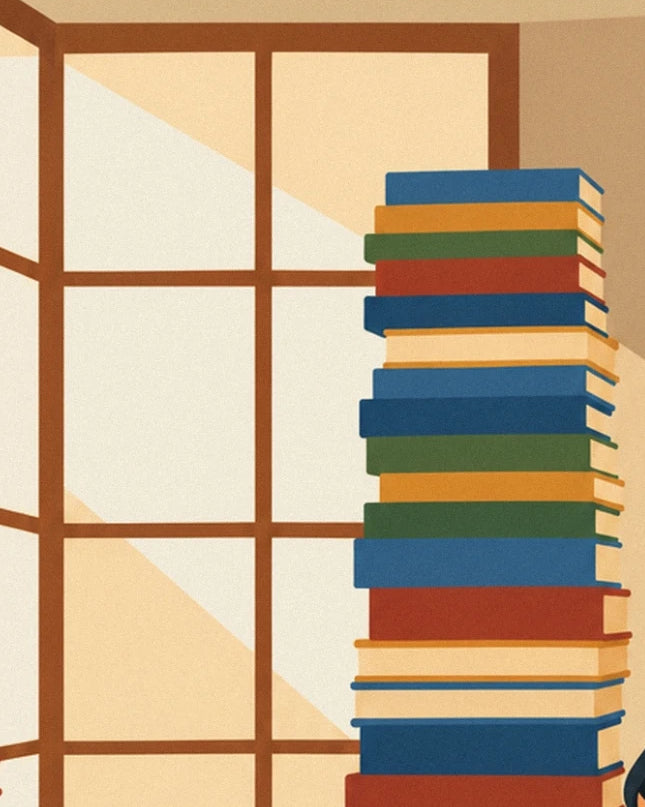 A stack of colourful books in front of a window with brown frames