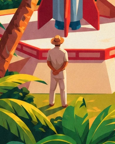 A man seen from behind in light clothing and a hat, with his hands clasped in front of the launch pad