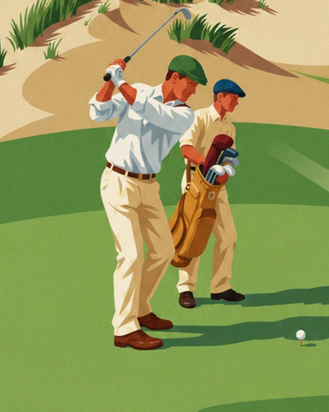The golfer in a white shirt and green cap mid-swing, with his caddie beside him