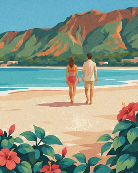 The couple walking along the beach towards the mountain between the hibiscus flowers