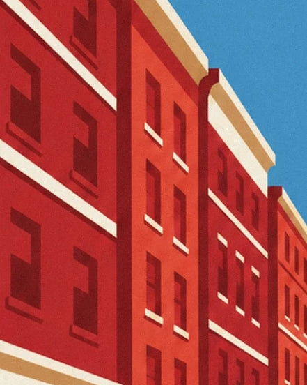 The red façades of New York with their dark windows and cream cornices