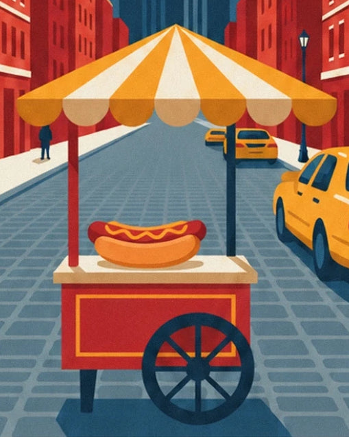 The red hot dog cart beneath its yellow and cream parasol with New York taxis