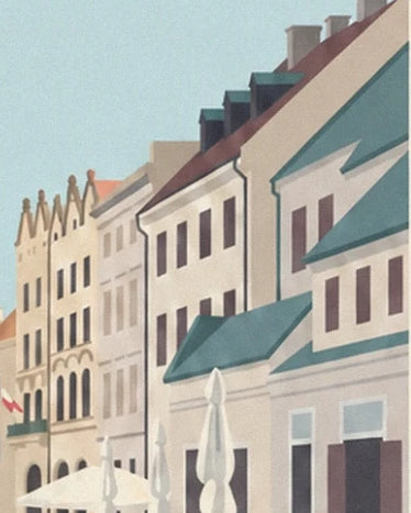Les façades claires de la place de Cracovie, entre toits verts et parasols blancs