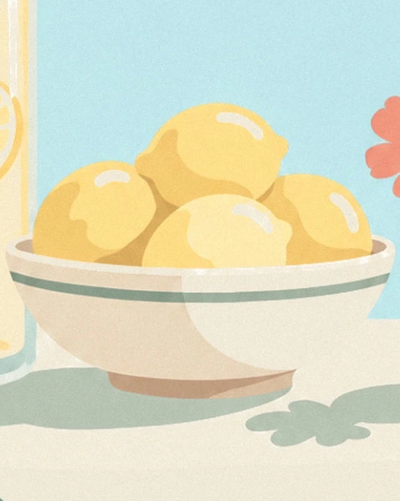 Les citrons jaunes dans un bol crème à liseré vert, sur la table