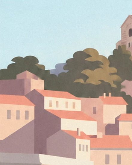 The neighbourhood's orange roofs and pink façades beneath the pines and bell tower