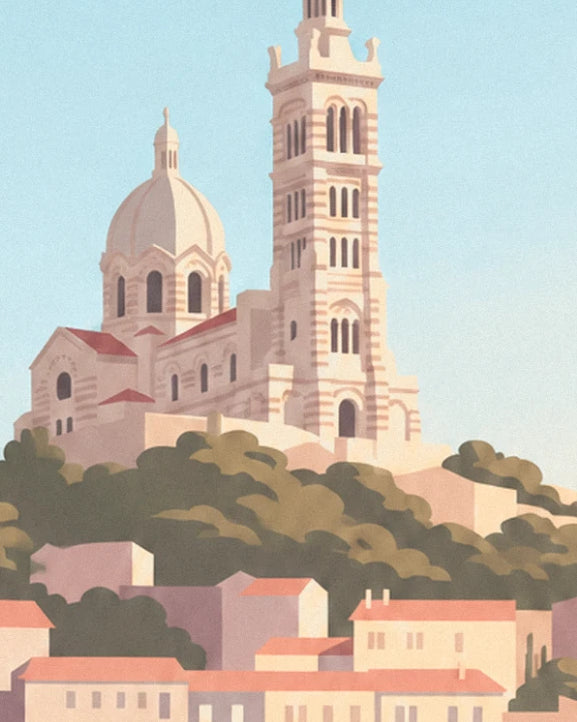 Notre-Dame-de-la-Garde and its striped bell tower, perched on the wooded hill