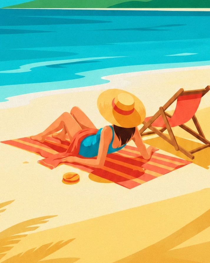 Une femme au chapeau de paille sur une serviette rayée, près d’un transat rouge