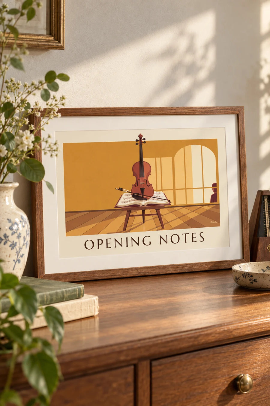 Poster of a violin and bow resting on an open sheet of music: small framed A4 size