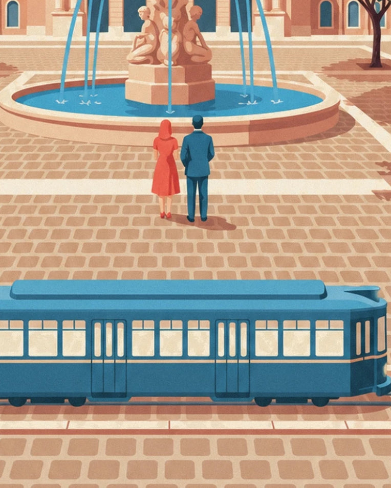 Montpellier Place de la Comédie and tram poster: close-up detail
