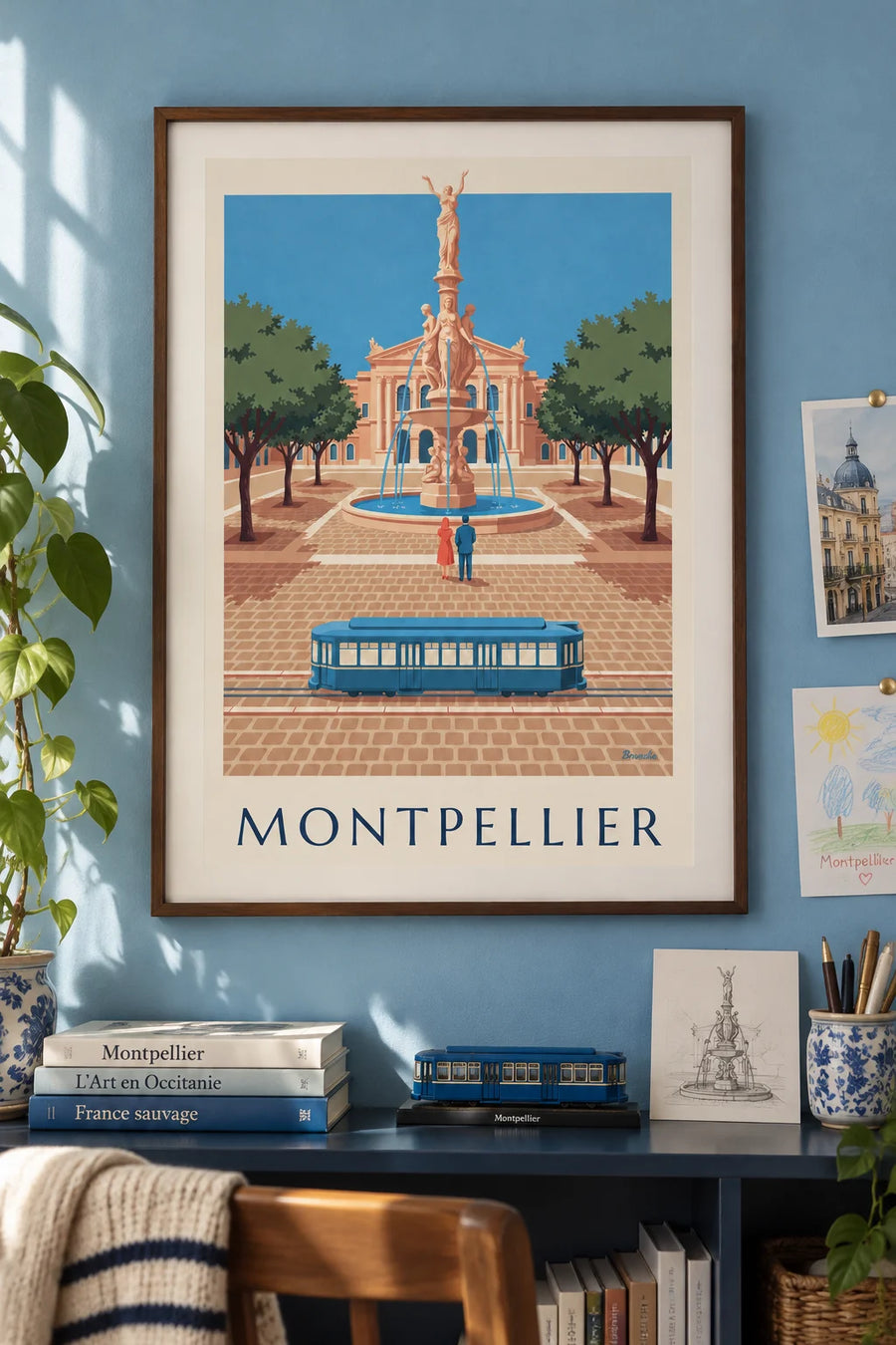Poster of Place de la Comédie and the tramway in Montpellier: framed on the wall