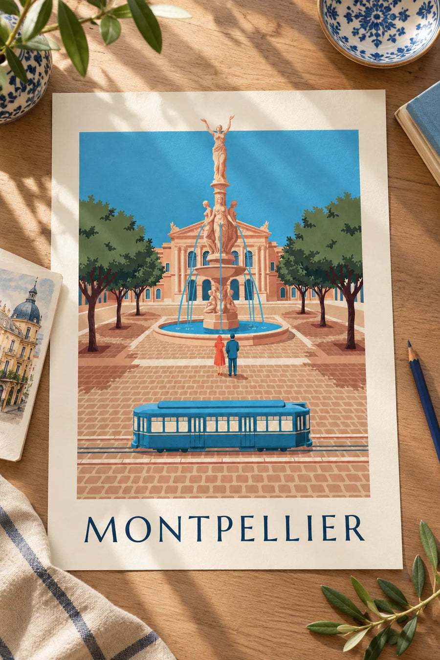 Poster of Place de la Comédie and the tramway in Montpellier: resting on a table