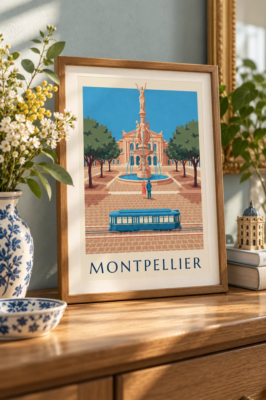 Poster of Place de la Comédie and the Montpellier tram: small A4 size, framed