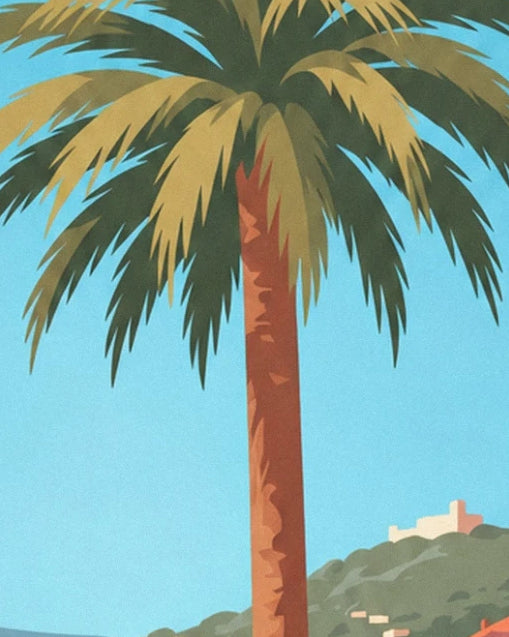 The crown of green and golden palm fronds on its ochre trunk against the blue sky